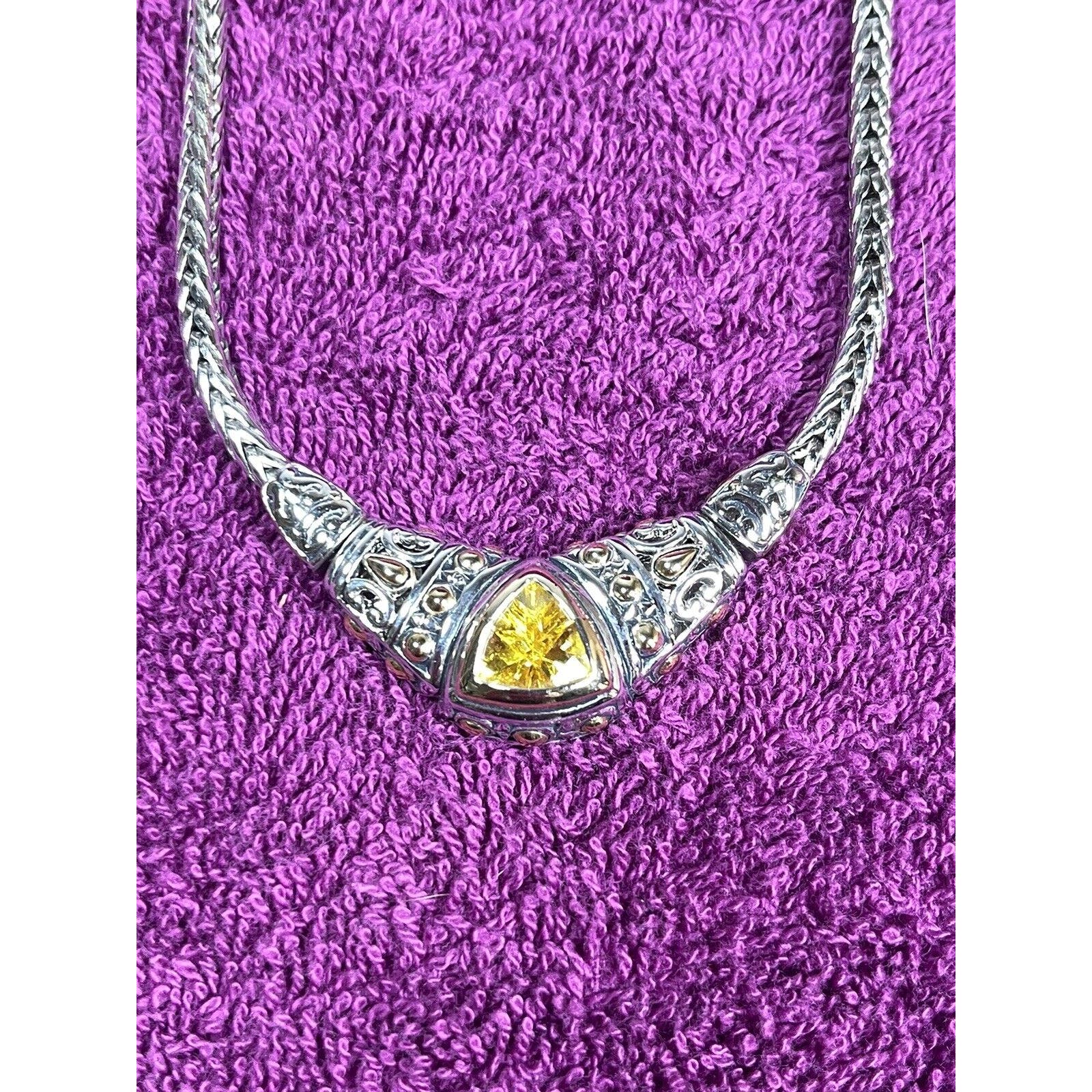 Pci Pendant Necklace Yellow Rhinestone Triangle Silver Tone Wheat Chain